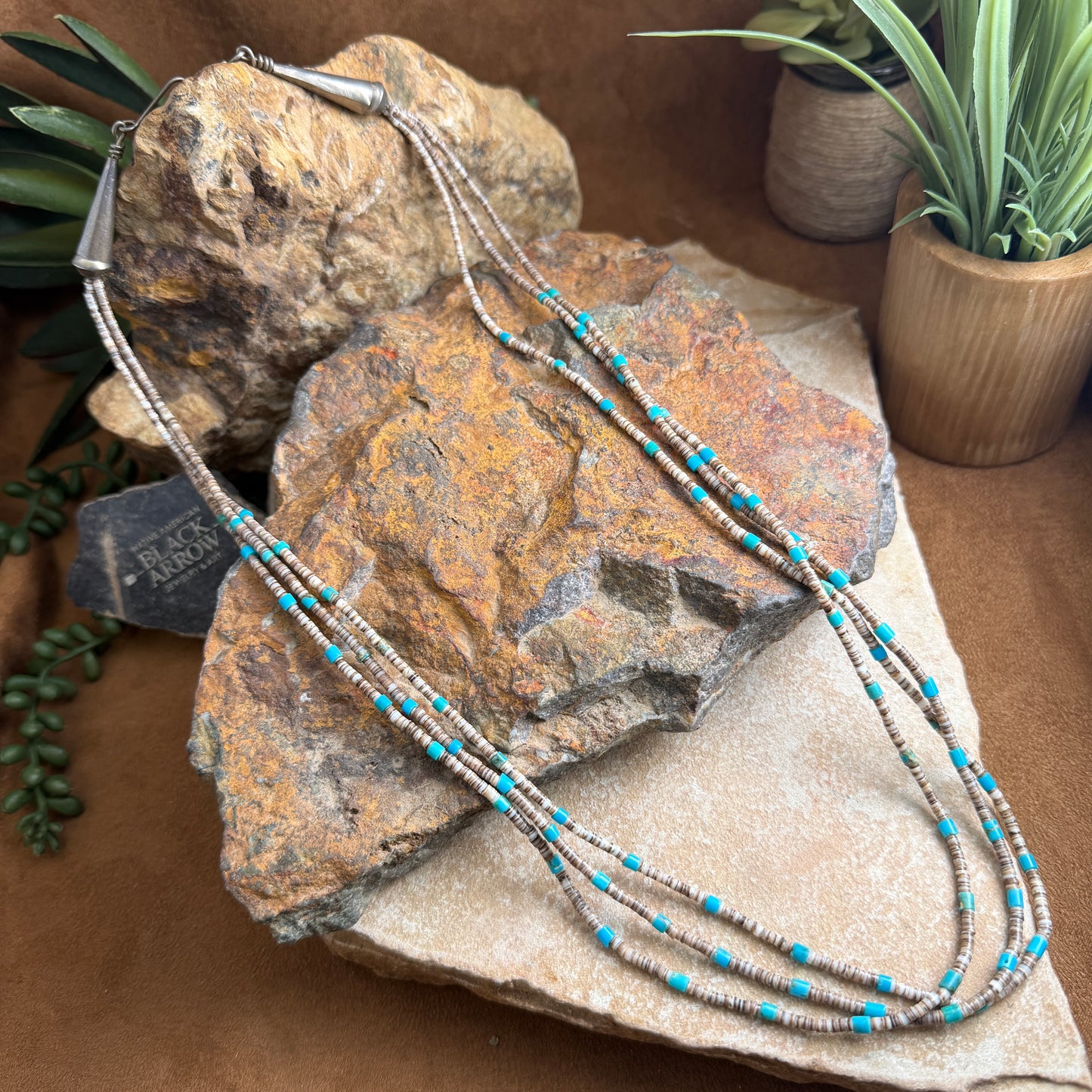 Vintage Turquoise & Shell Heishi 3-Strand Necklace — Estate