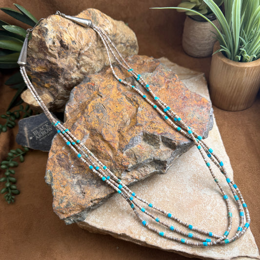 Vintage Turquoise & Shell Heishi 3-Strand Necklace — Estate