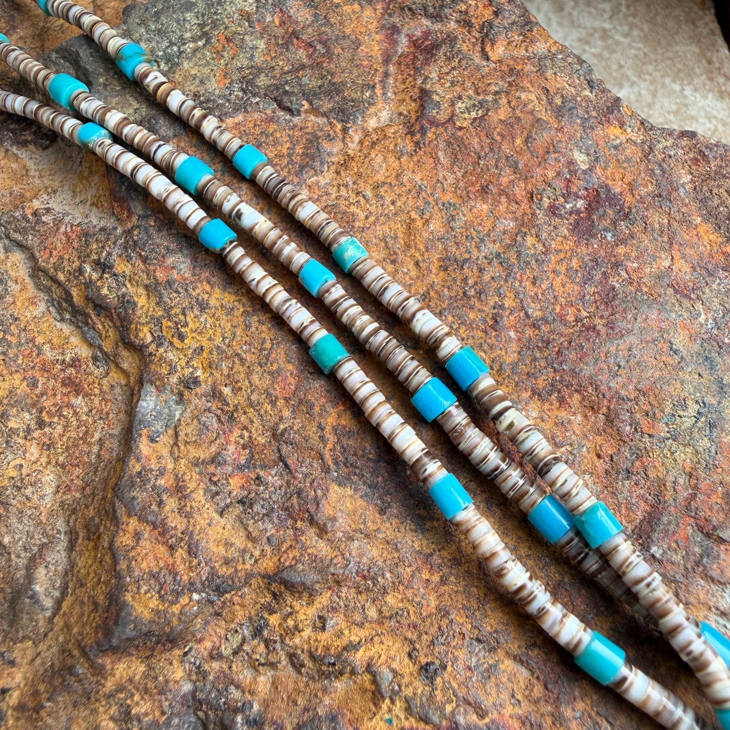 Vintage Turquoise & Shell Heishi 3-Strand Necklace — Estate