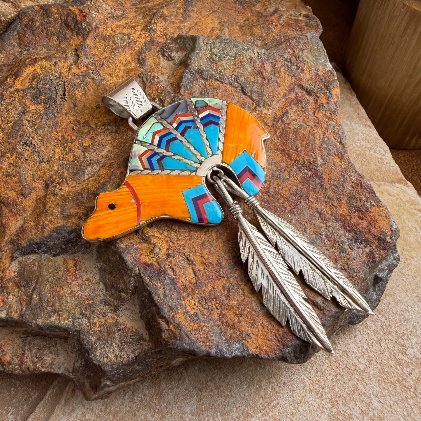 Vintage Multistone Inlay Bear Pendant — Estate