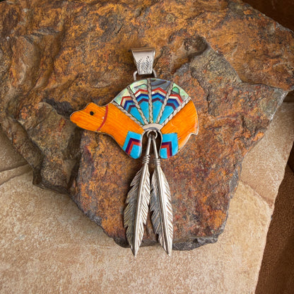 Vintage Multistone Inlay Bear Pendant — Estate