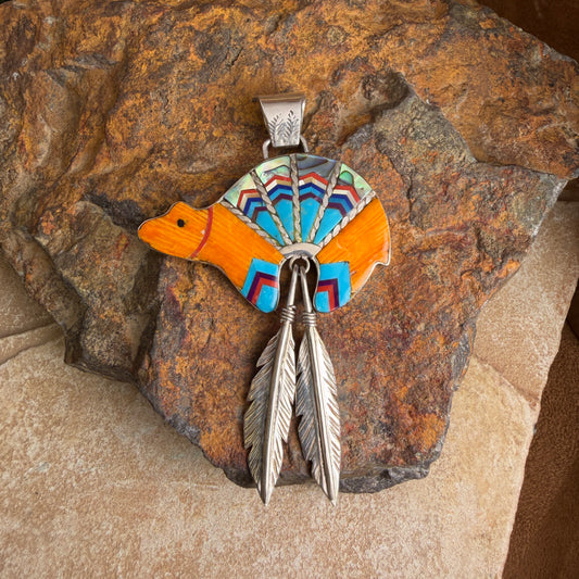 Vintage Multistone Inlay Bear Pendant — Estate