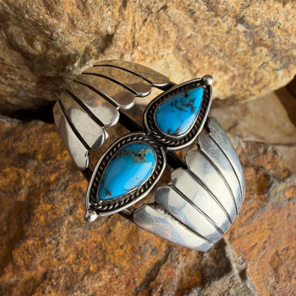 Vintage - Navajo Style Double Turquoise Teardrop Feather Cuff Bracelet - Estate