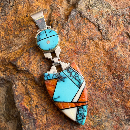 Vintage - Spiny Oyster Shell, Ithaca Peak Turquoise, Black Onyx & Mother of Pearl Inlaid Pendant – Estate
