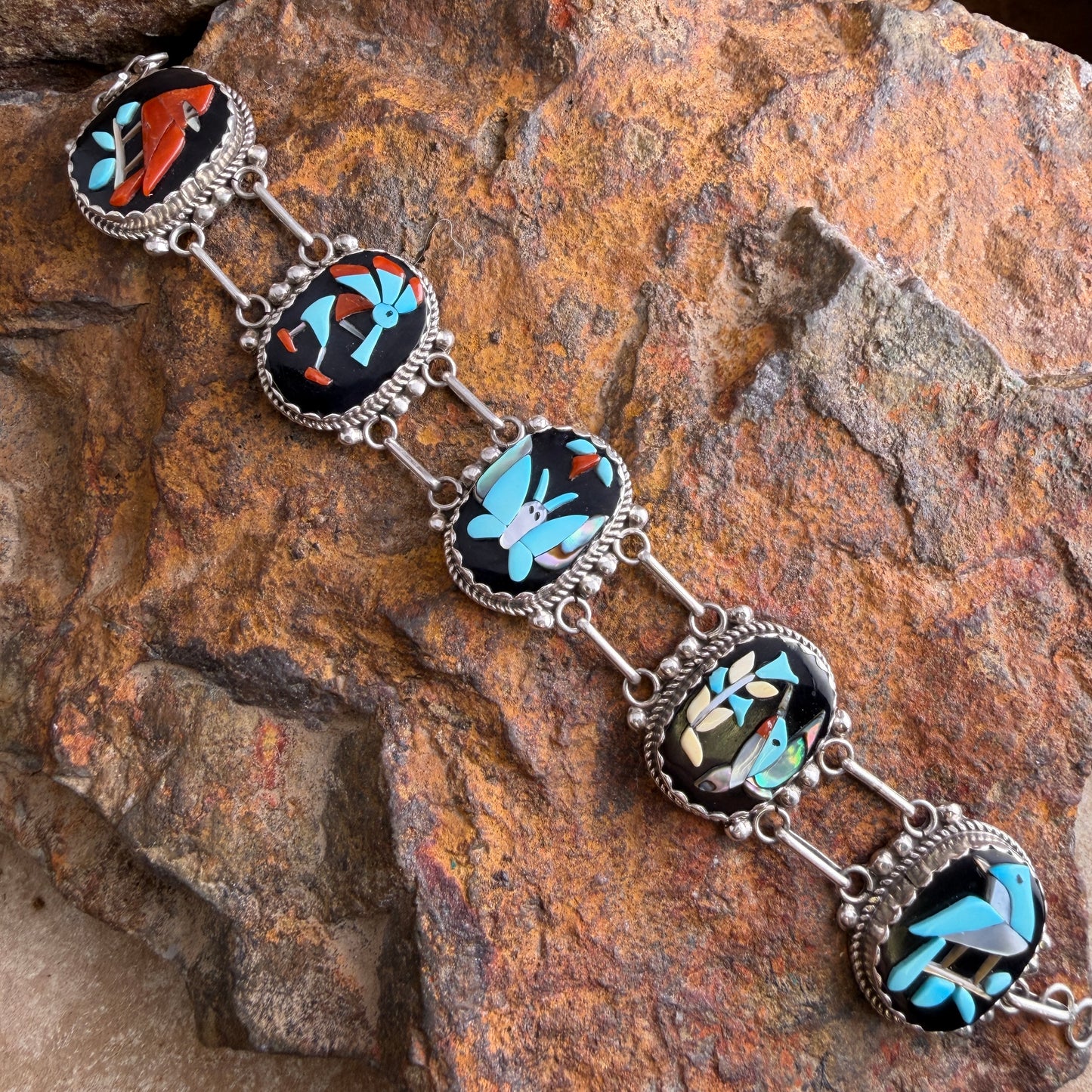 Vintage - K.C. Zuni Five-Panel Spirit Figure Channel Inlay Bracelet - Estate