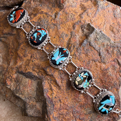 Vintage - K.C. Zuni Five-Panel Spirit Figure Channel Inlay Bracelet - Estate