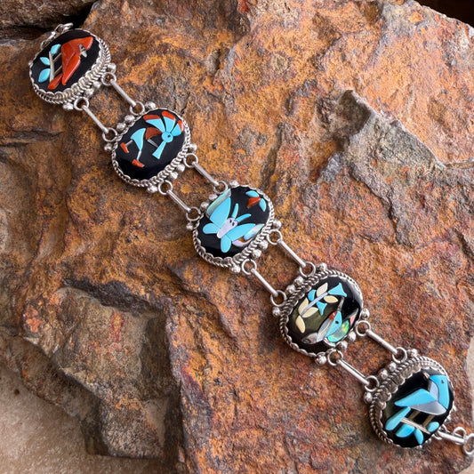 Vintage - K.C. Zuni Five-Panel Spirit Figure Channel Inlay Bracelet - Estate