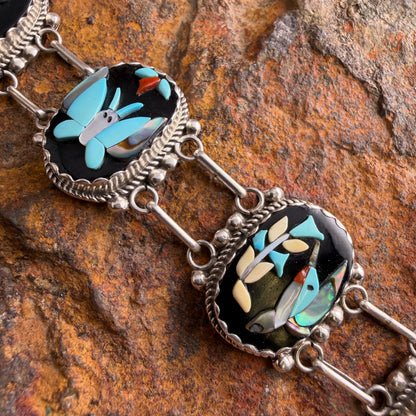 Vintage - K.C. Zuni Five-Panel Spirit Figure Channel Inlay Bracelet - Estate