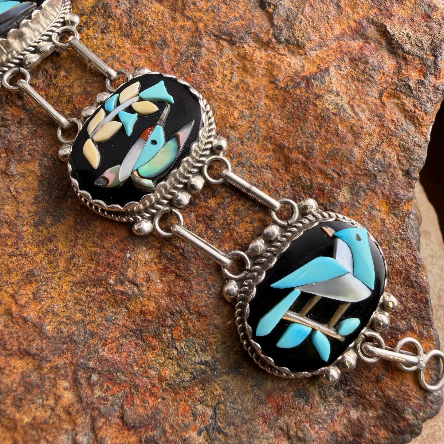 Vintage - K.C. Zuni Five-Panel Spirit Figure Channel Inlay Bracelet - Estate