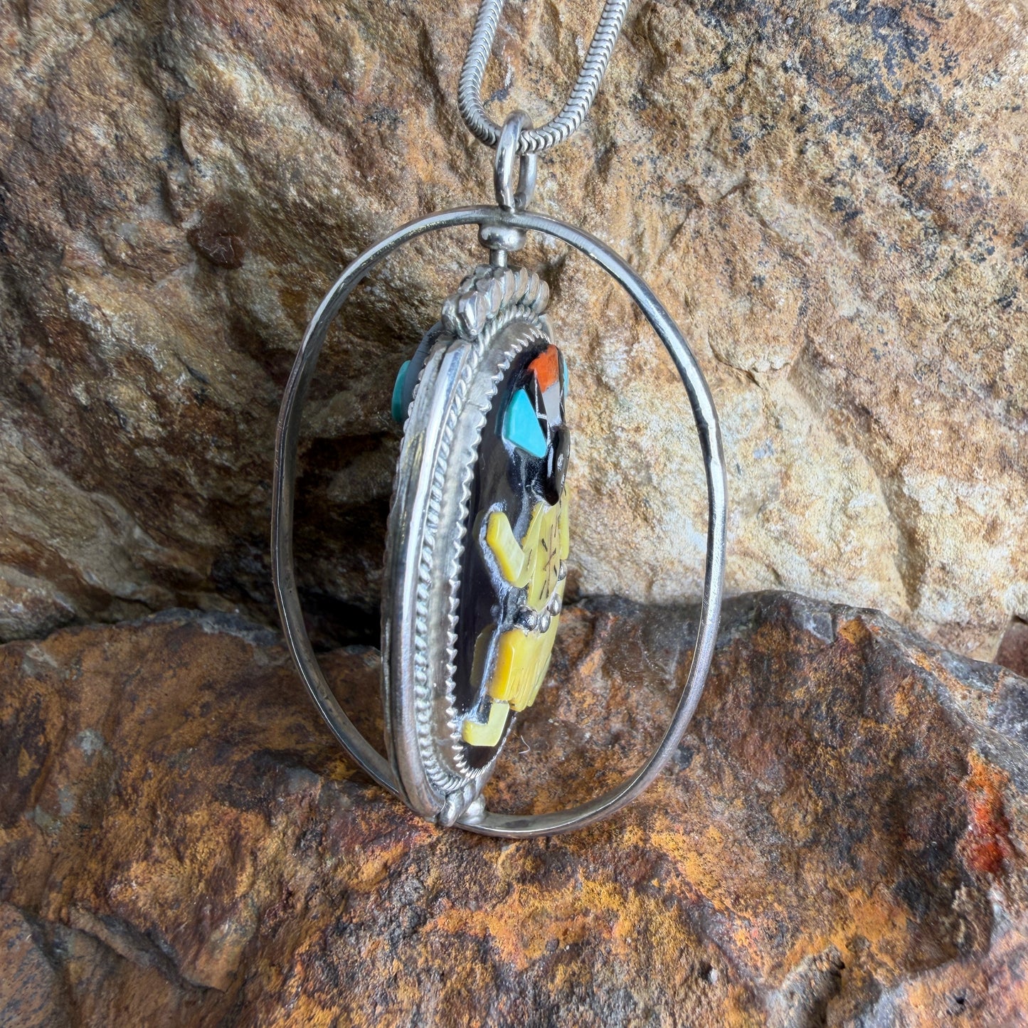 Vintage - K.C. Zuni Two-Sided Kachina Channel Inlay Pendant Necklace - Estate