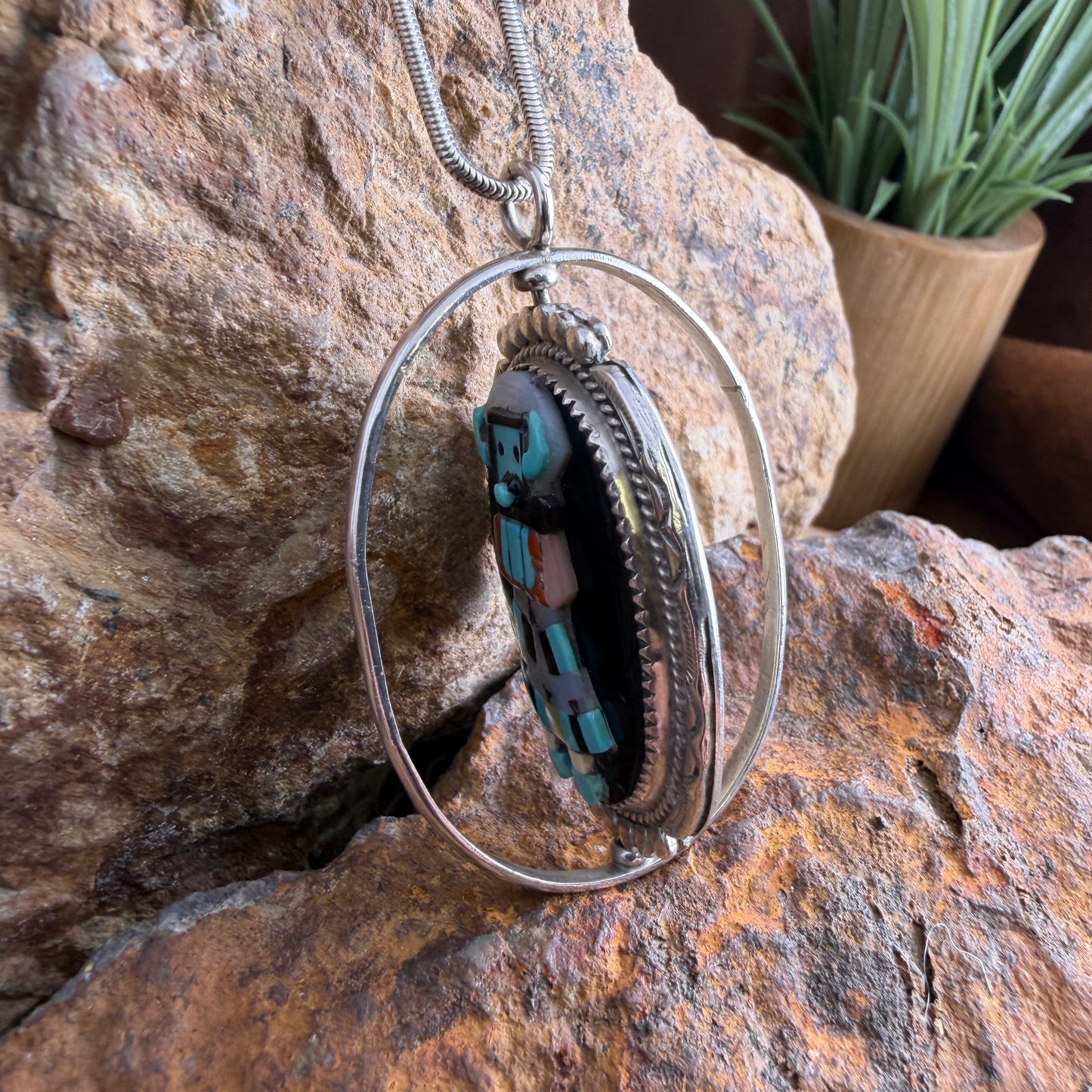 Vintage - K.C. Zuni Two-Sided Kachina Channel Inlay Pendant Necklace - Estate