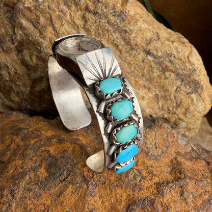 Vintage - Navajo Style 10-Stone Morenci Turquoise Watch Cuff Bracelet - Estate