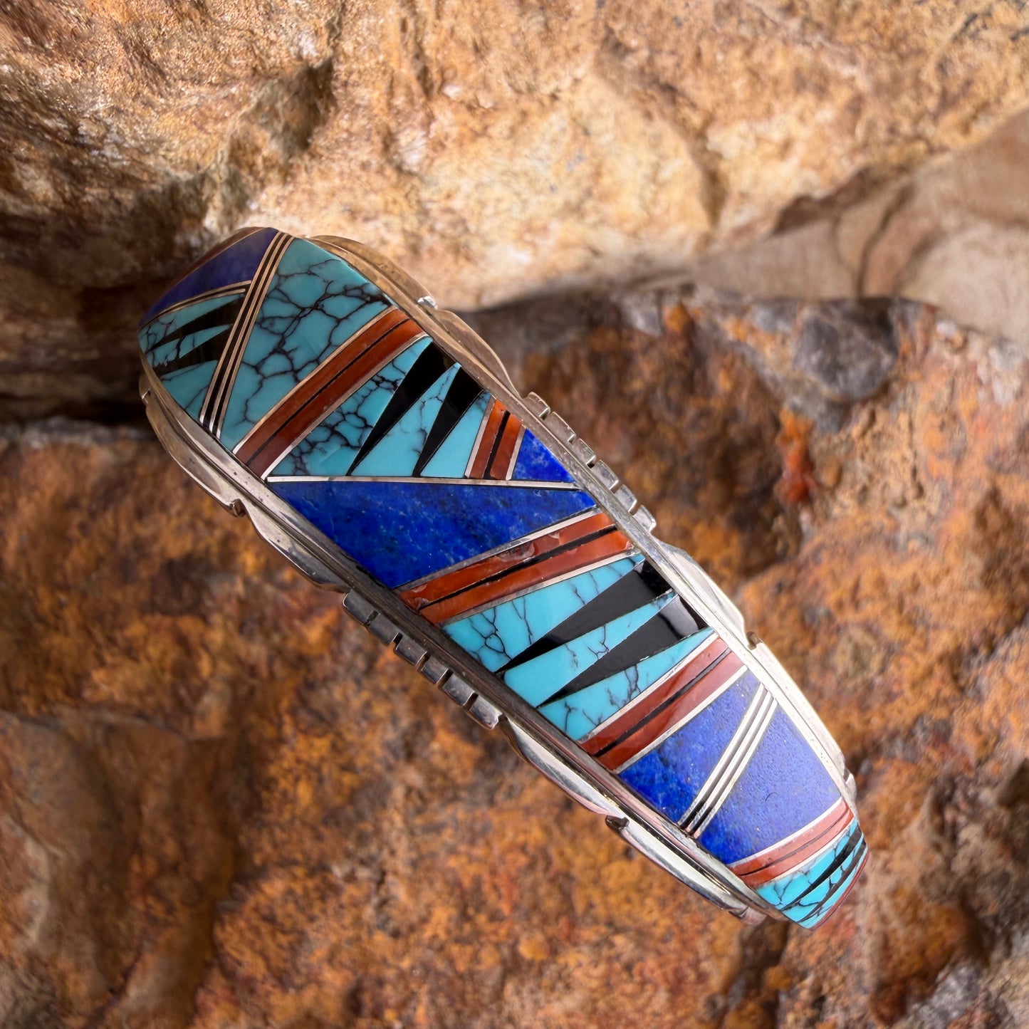 Vintage - Navajo Multistone Channel Inlay Chevron Cuff Bracelet - Estate