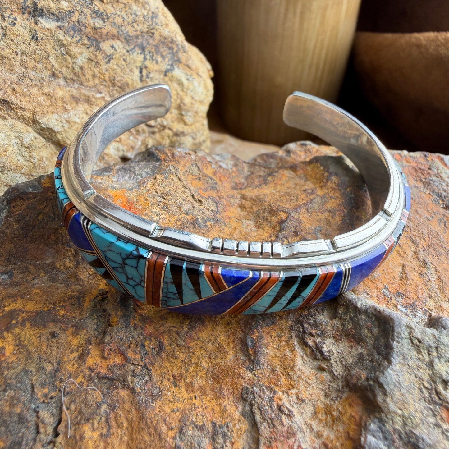 Vintage - Navajo Multistone Channel Inlay Chevron Cuff Bracelet - Estate