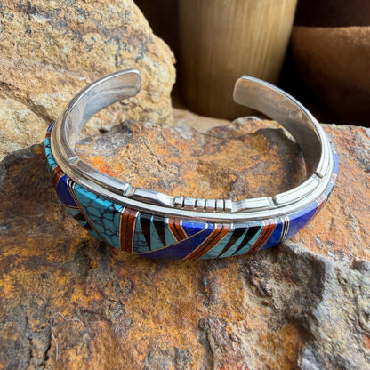 Vintage - Navajo Multistone Channel Inlay Chevron Cuff Bracelet - Estate