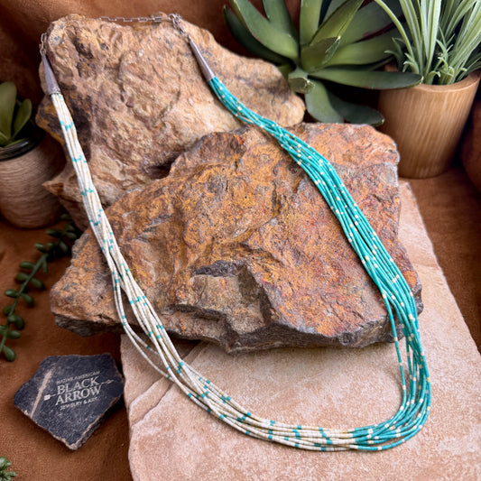 Vintage - 10-Strand Turquoise & White Shell Heishi Necklace with Extender Chain 24"-30" - Estate