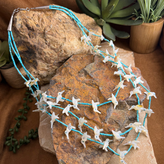 Vintage Hummingbird Fetish Necklace with Mother of Pearl & Turquoise Heishi Beads by Johnny Sheaka- Estate