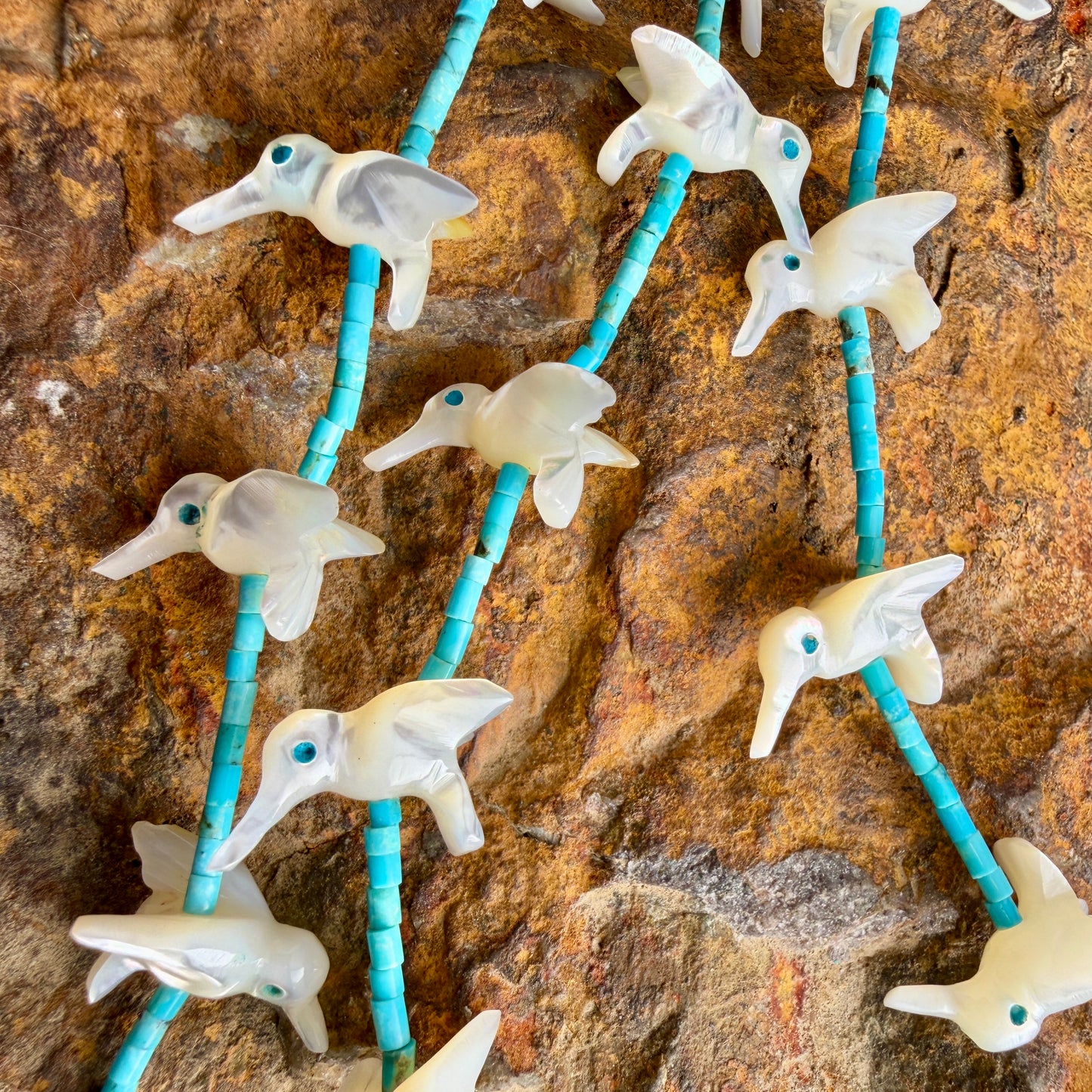 Vintage Hummingbird Fetish Necklace with Mother of Pearl & Turquoise Heishi Beads by Johnny Sheaka- Estate