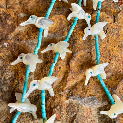 Vintage Hummingbird Fetish Necklace with Mother of Pearl & Turquoise Heishi Beads by Johnny Sheaka- Estate