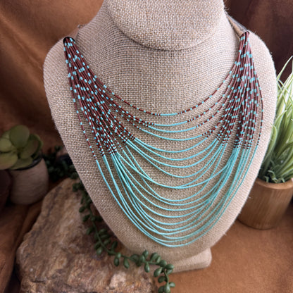 Vintage - Manuelita Flowers 20-Strand Graduated Turquoise & Spiny Oyster Heishi Ombré Necklace 26" - Estate