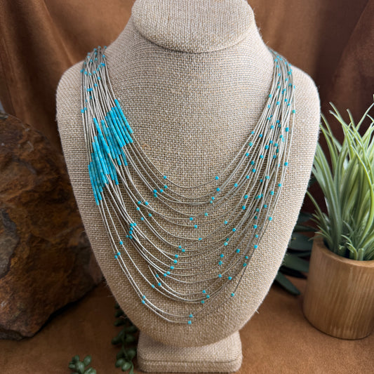 Vintage - 20-Strand Graduated Liquid Silver & Turquoise Accent Necklace 26" - Estate
