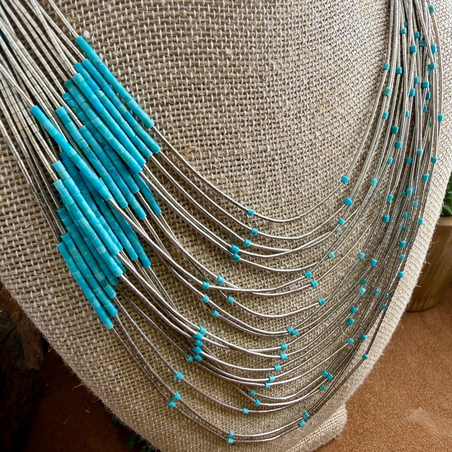 Vintage - 20-Strand Graduated Liquid Silver & Turquoise Accent Necklace 26" - Estate