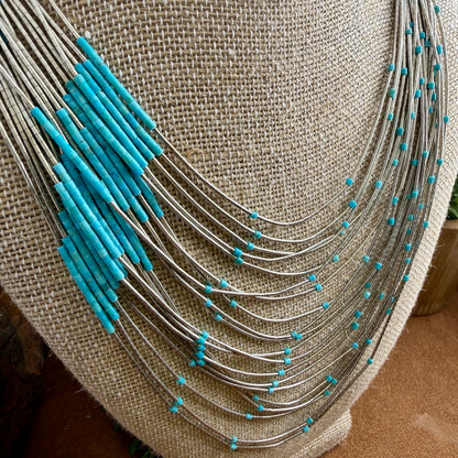 Vintage - 20-Strand Graduated Liquid Silver & Turquoise Accent Necklace 26" - Estate