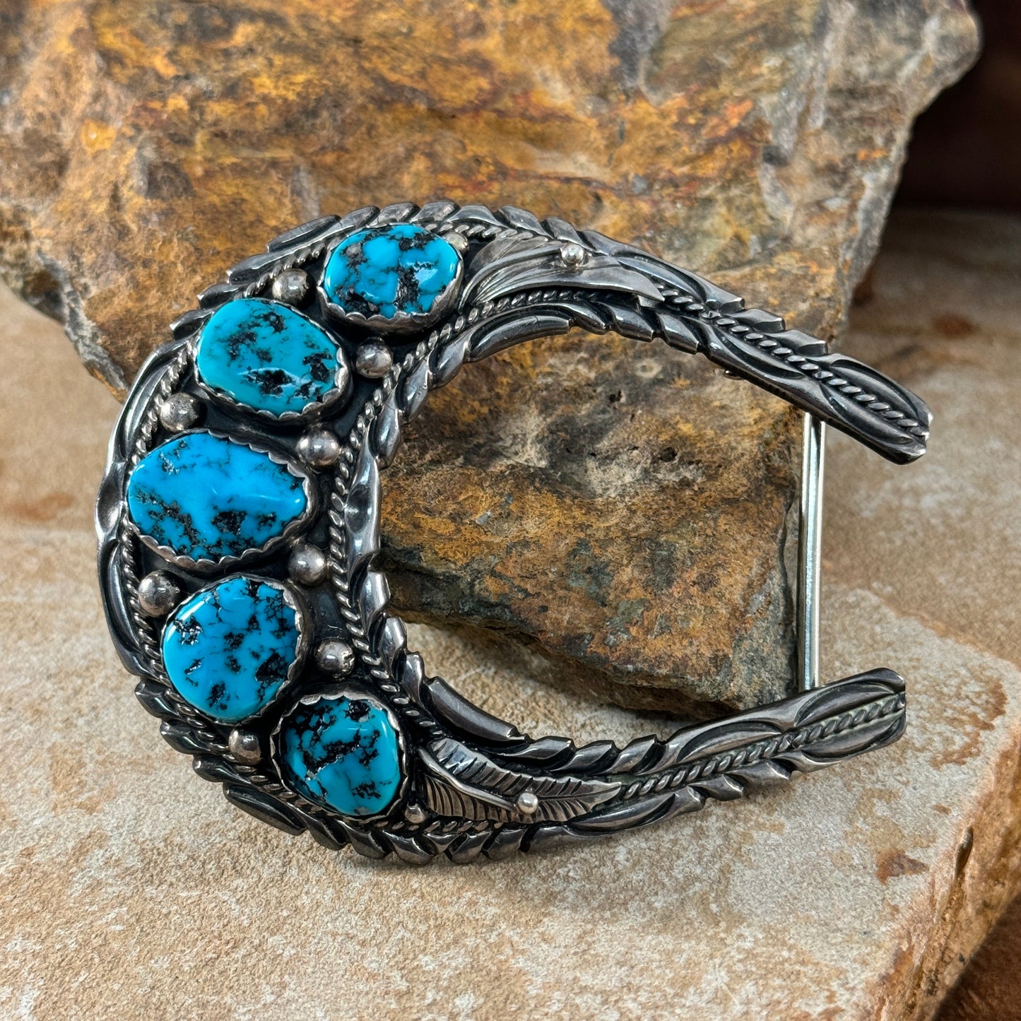 Vintage Turquoise and Sterling Silver Buckle by Navajo Artist - Estate Jewelry