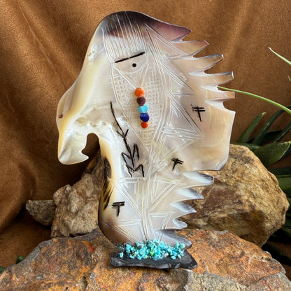 Zuni Corn Maiden with Eagle – Two-Sided Shell Carving by Gloria Chatin