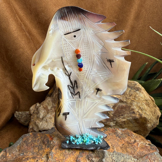 Zuni Corn Maiden with Eagle – Two-Sided Shell Carving by Gloria Chatin