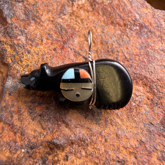 Zuni Jet Bear Fetish Pendant with Zuni Sunface by Darren Boone