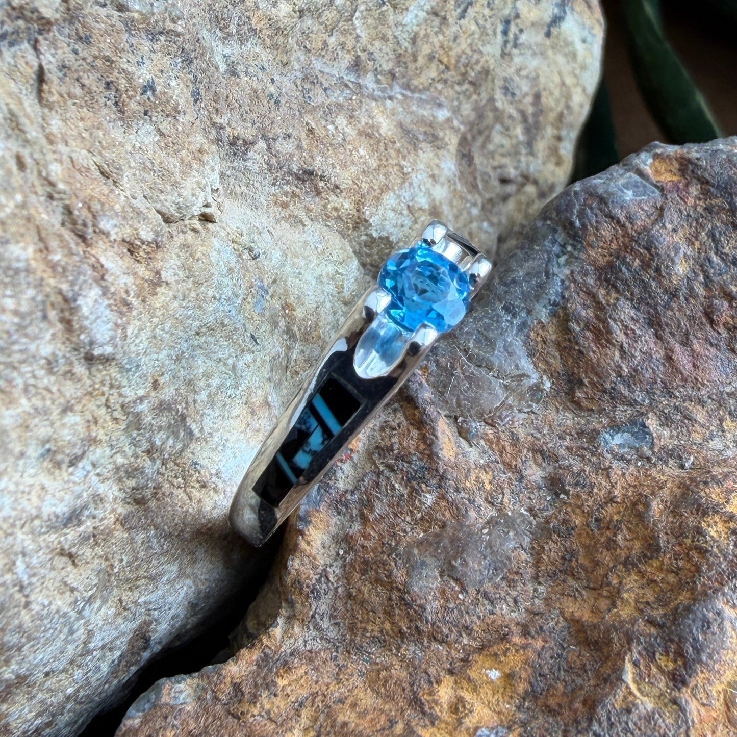 David Rosales Shadow Peak Inlaid Sterling Silver Ring w/ Blue Topaz
