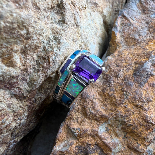 David Rosales Shalako Inlaid Sterling Silver Ring Set w/ Amethyst