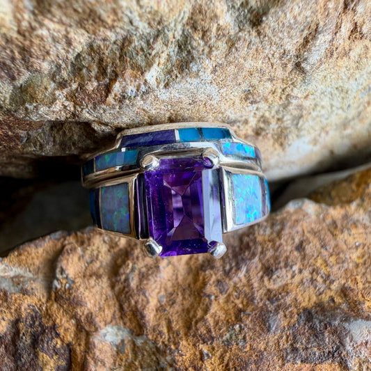 David Rosales Shalako Inlaid Sterling Silver Ring Set w/ Amethyst