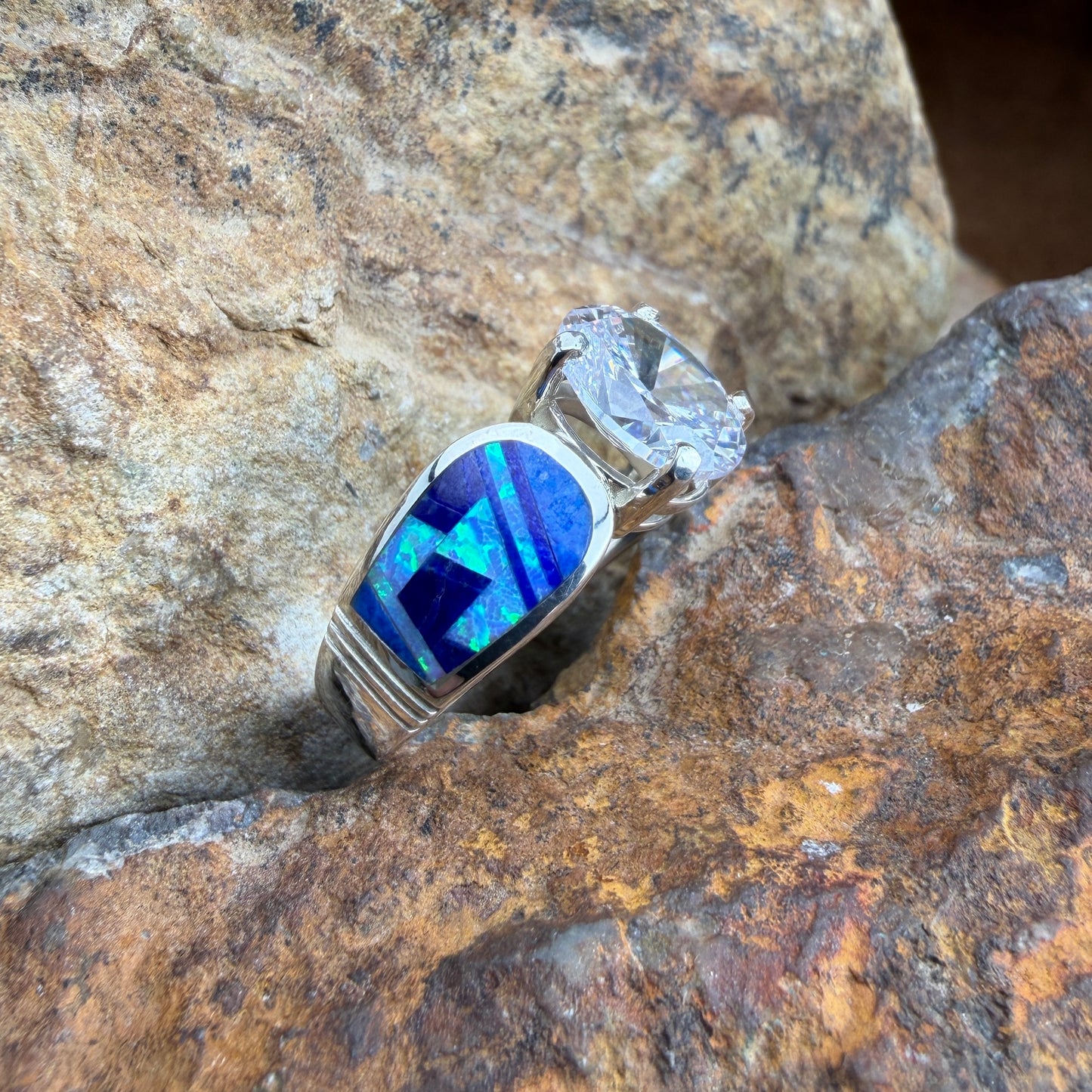 David Rosales Blue Sky Inlaid Sterling Silver Ring w Cubic Zirconia
