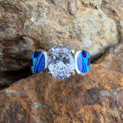 David Rosales Blue Sky Inlaid Sterling Silver Ring w Cubic Zirconia