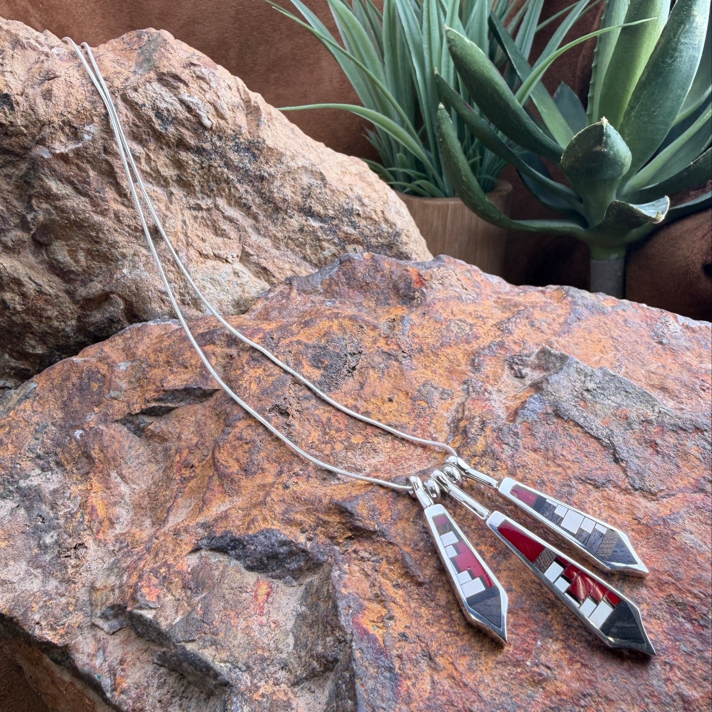 David Rosales Red Feather Inlaid Sterling Silver Necklace