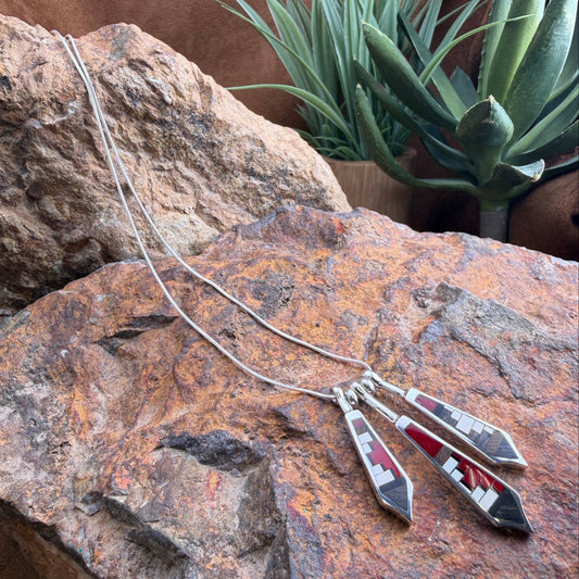 David Rosales Red Feather Inlaid Sterling Silver Necklace