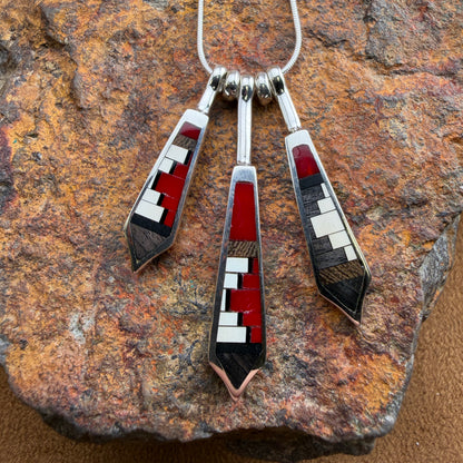 David Rosales Red Feather Inlaid Sterling Silver Necklace