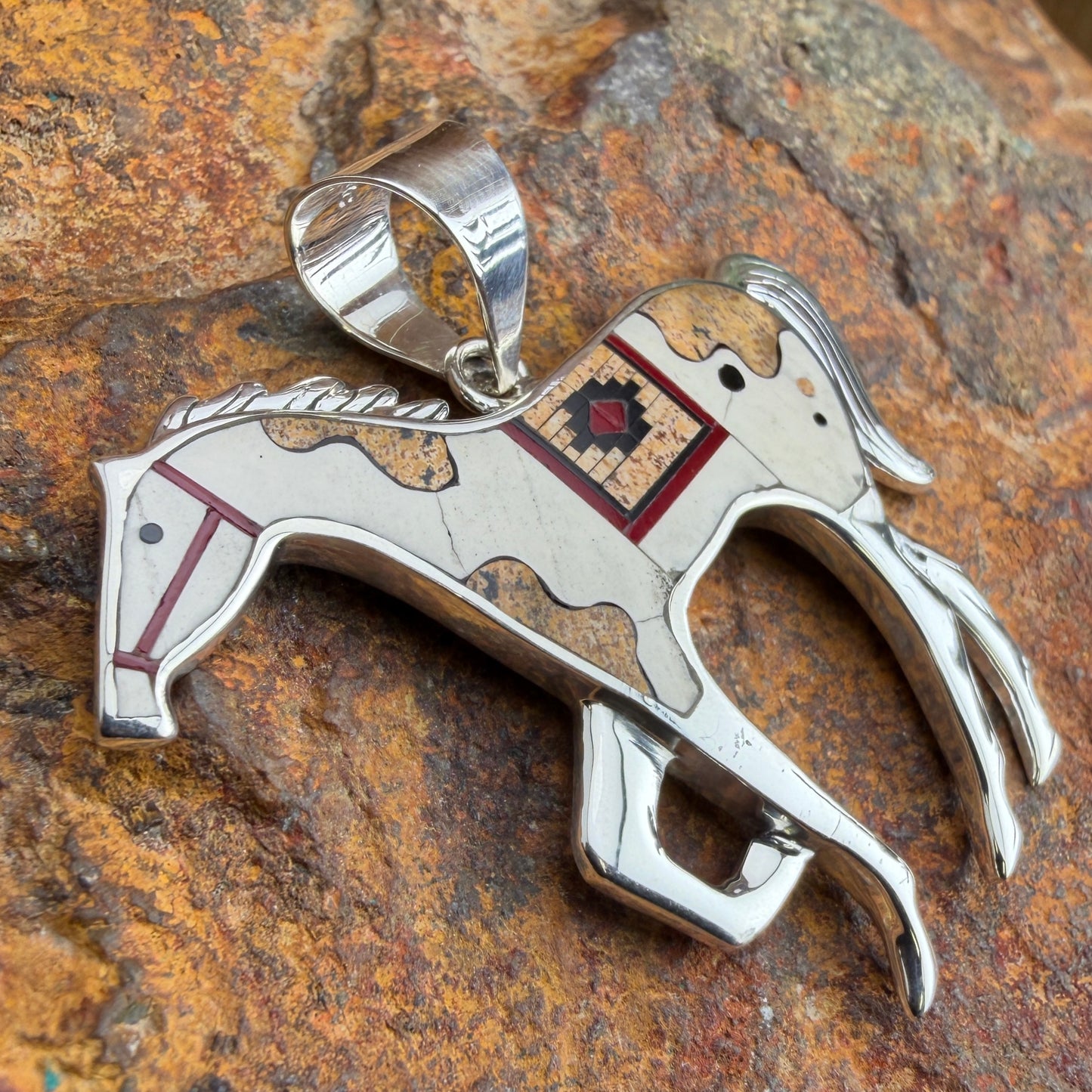 David Rosales Red Feather Inlaid Sterling Silver Pendant Horse