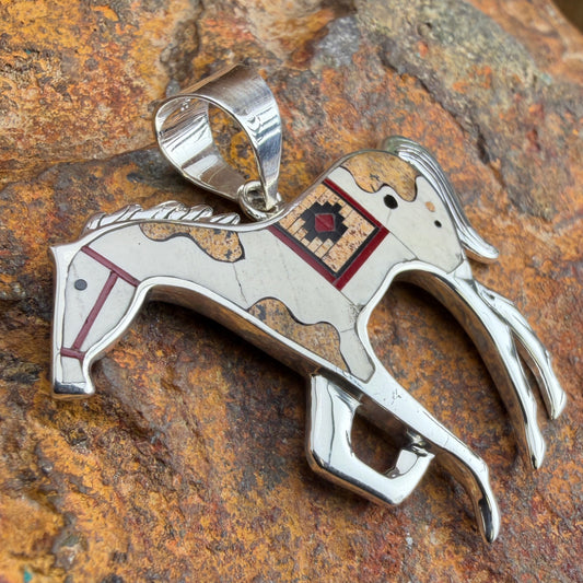 David Rosales Red Feather Inlaid Sterling Silver Pendant Horse