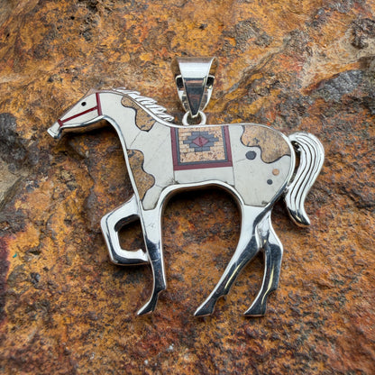 David Rosales Red Feather Inlaid Sterling Silver Pendant Horse