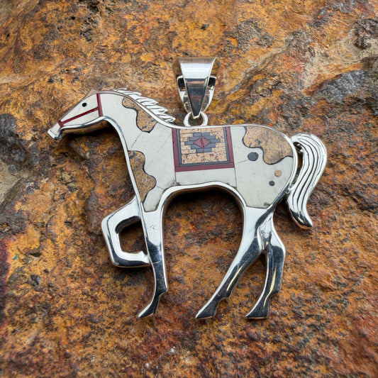 David Rosales Red Feather Inlaid Sterling Silver Pendant Horse
