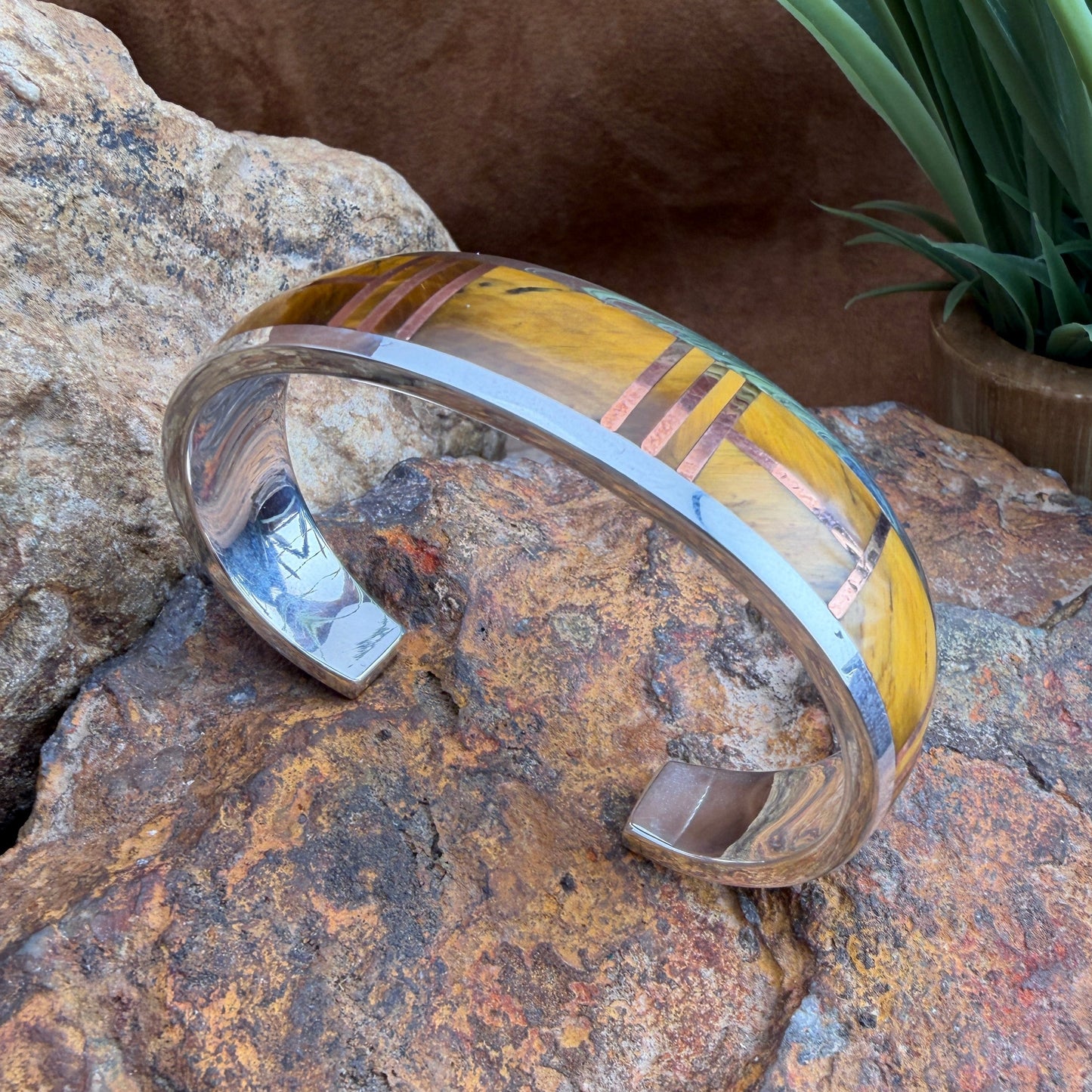 David Rosales Tiger's Eye Copper Channel Inlaid Sterling Silver Bracelet