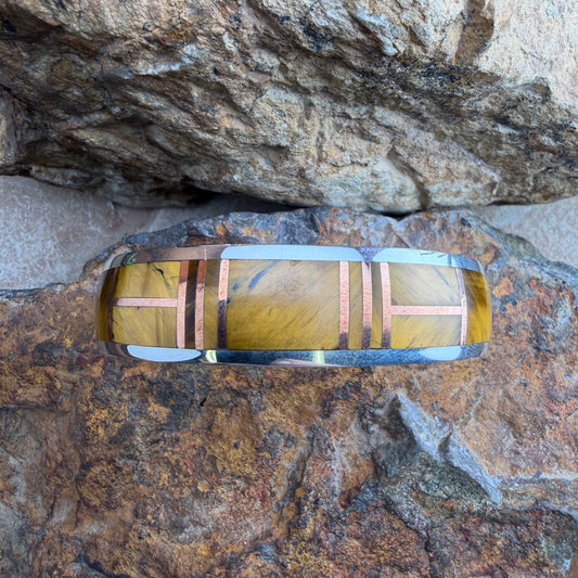 David Rosales Tiger's Eye Copper Channel Inlaid Sterling Silver Bracelet
