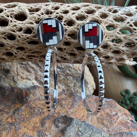 David Rosales Red Feather Inlaid Sterling Silver Earrings Hoops