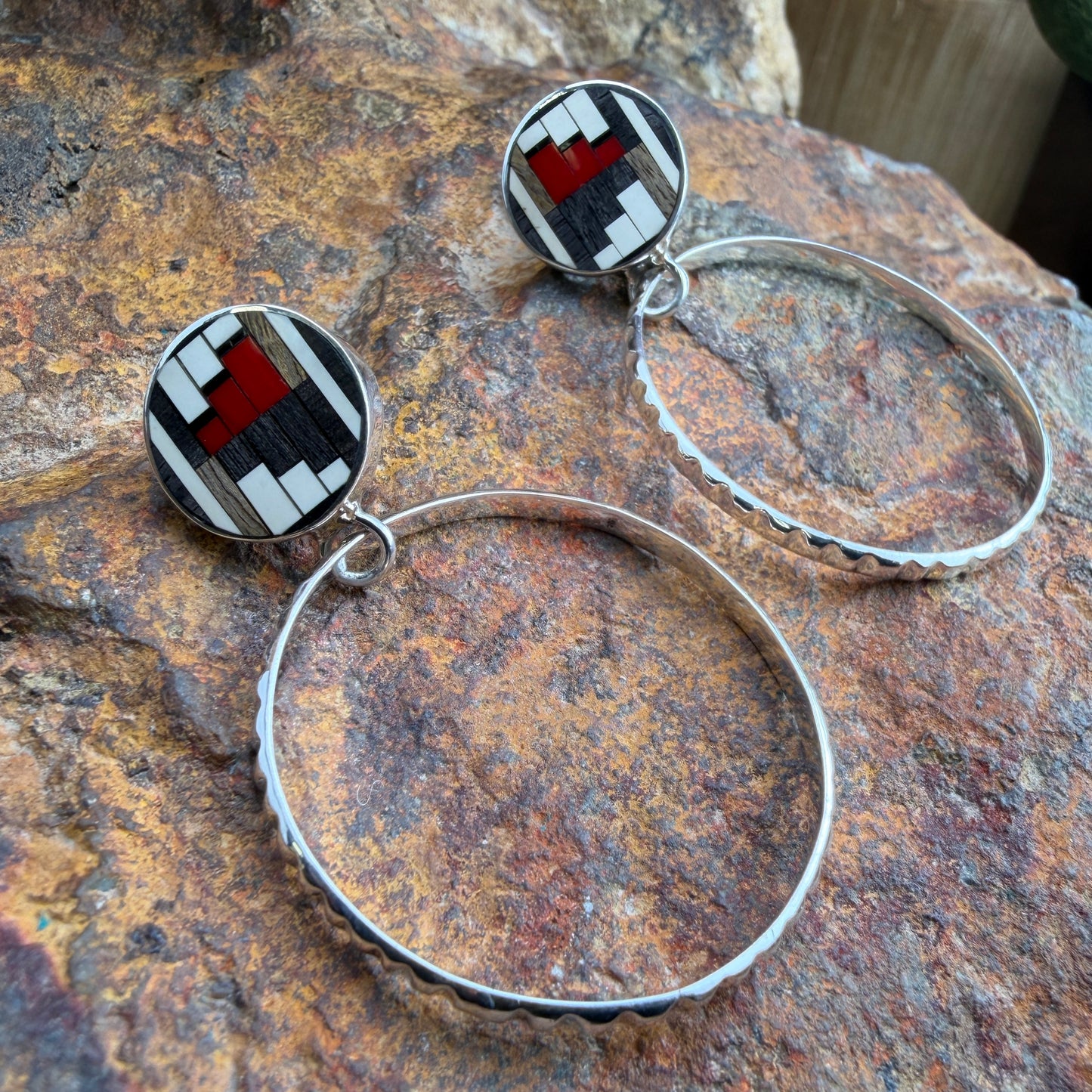David Rosales Red Feather Inlaid Sterling Silver Earrings Hoops