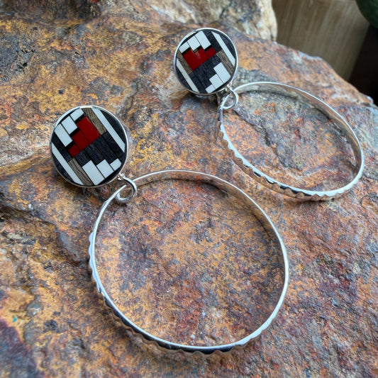 David Rosales Red Feather Inlaid Sterling Silver Earrings Hoops