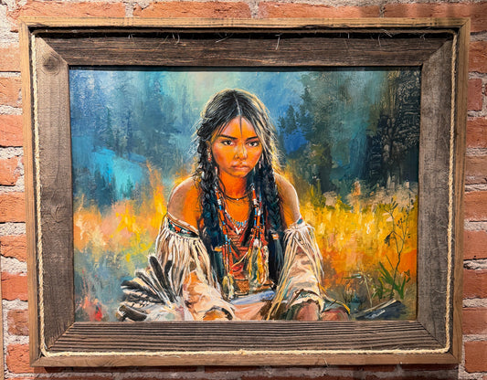 Painting of a woman with long hair and traditional attire on a brick wall.