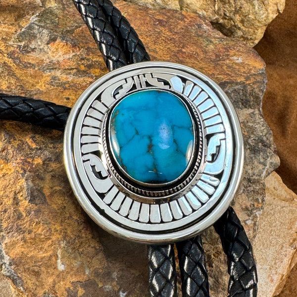 Nevada Blue Turquoise Sterling Silver Leather Bolo Tie by Leonard Nez